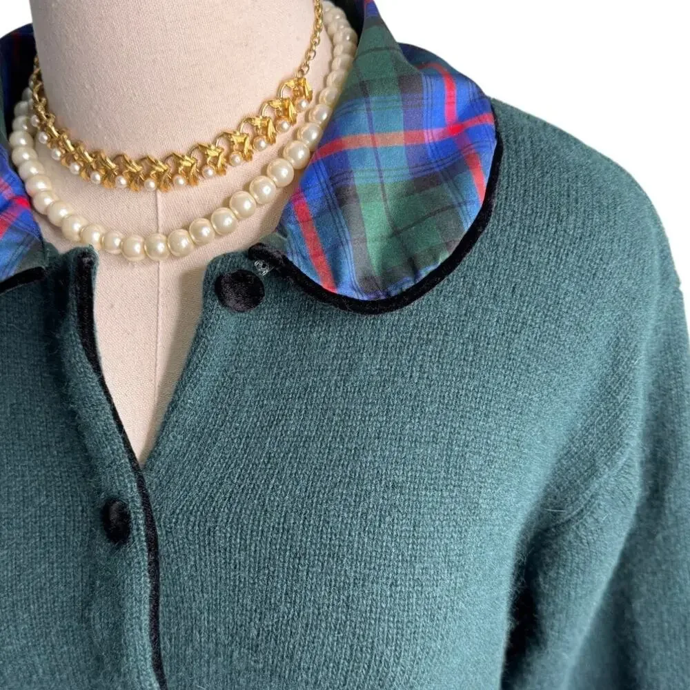 Talbots Vintage Wool Angora Plaid Velvet Collar Cardigan Sweater Green M